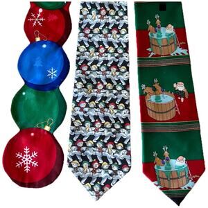 VTG Holiday Christmas Silk Ties Santa Snowmen Ornaments Red Green Necktie Lot 3
